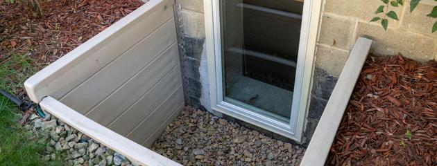 New egress basement window installed in a residential foundation with a window well
