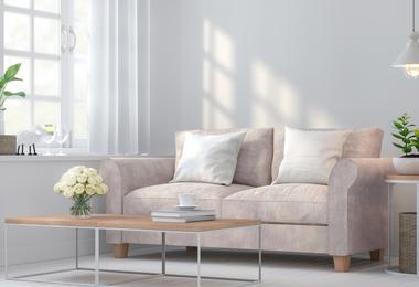 Modern Canadian living room filled with sunlight from large picture windows and bay windows