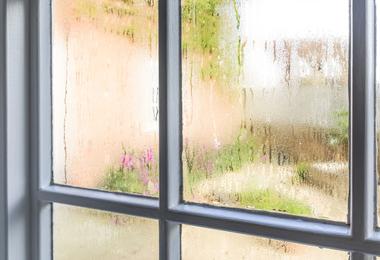 Condensation and water droplets on old window panes in a Canadian home, showing common crying windows caused by indoor humidity and cold glass.