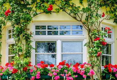 Traditional English cottage-style window on a stone home exterior with classic proportions and decorative detailing.
