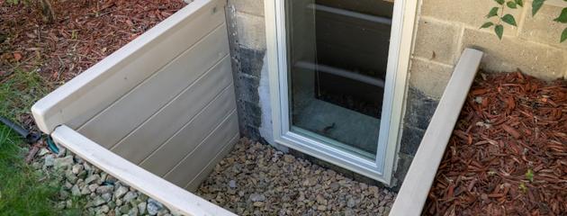 Exterior view of a basement egress window with window well in a residential Canadian home