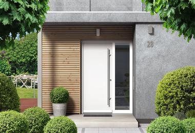 Modern bungalow exterior with a contemporary front door showing 2026 design and colour trends for Canadian homes