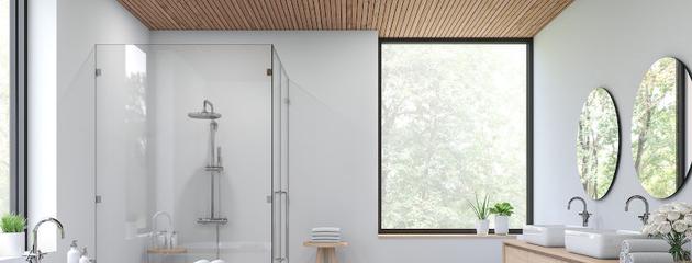 Modern bathroom with shower window providing natural light and ventilation in Canadian home
