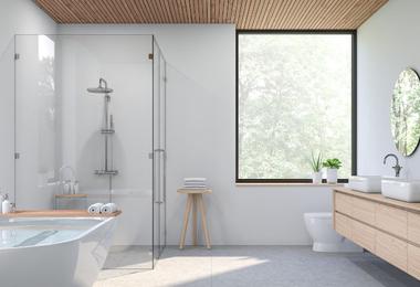 Modern bathroom with shower window providing natural light and ventilation in Canadian home