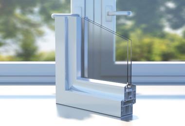 Cross-section of PVC window profiles showing virgin and recycled vinyl window frame construction