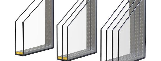 3D render showing double, triple, and quadruple insulated glazing units with multiple panes and sealed airspace between layers.