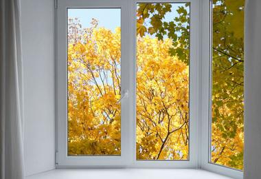 White vinyl window with autumn trees visible through the glass