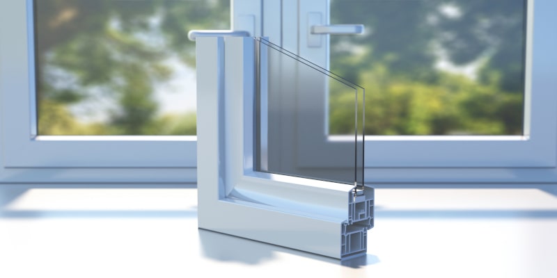 Cross-section of a double-pane window with an aluminum profile frame and an insulated cavity