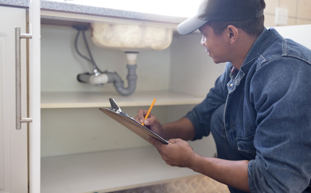 A plumber inspects sink plumbing and documents issues during a home inspection of water and drainage systems.