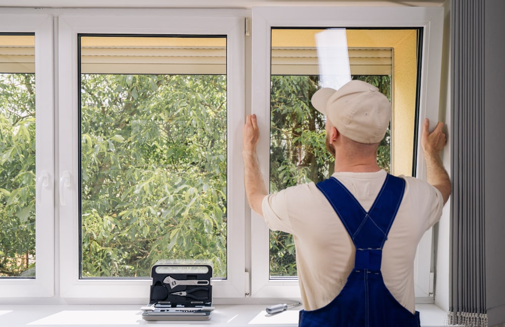 Skilled installer fitting triple-pane Low-E insulated window in a Canadian home for better efficiency