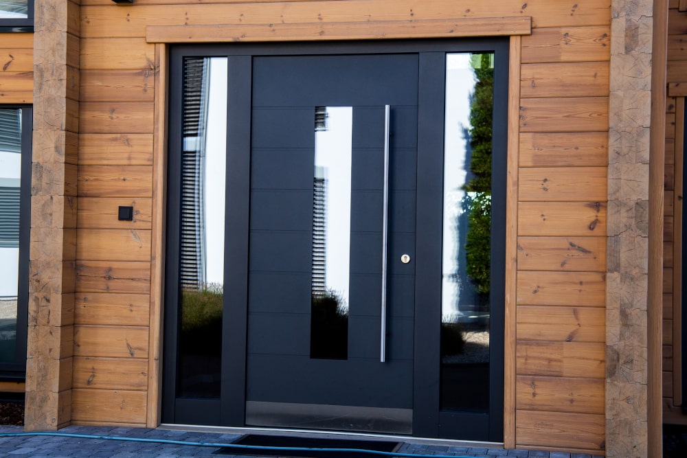 Modern black steel entry door on a contemporary Canadian home exterior.