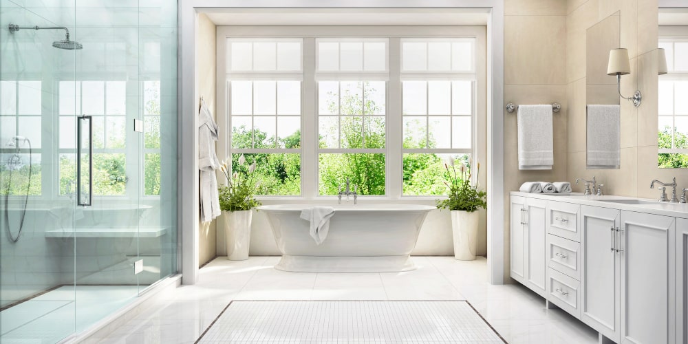 Bathroom window with moisture-resistant blinds designed for humid environments