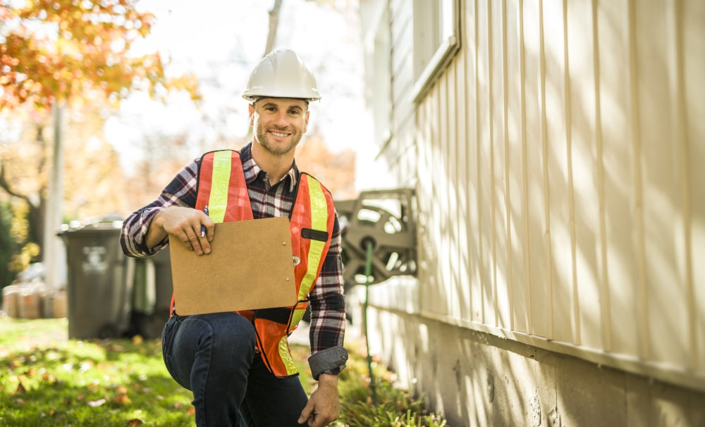 An energy auditor inspects the exterior of a home to identify sources of heat loss, drafty areas, and insulation issues.
