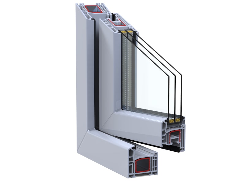 3D cross-section of a fibreglass window profile showing multiple insulation chambers