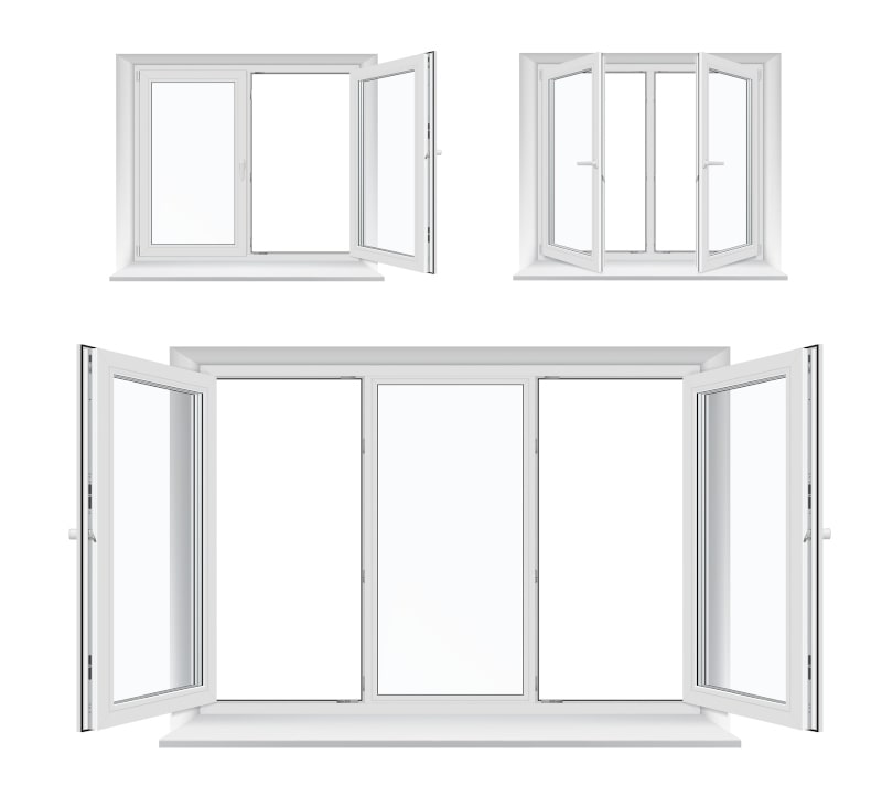 Opened white vinyl windows with plastic PVC frames shown in 3D illustration
