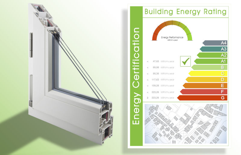 Cross-section of a PVC thermal cut window with triple glazing shown alongside an energy rating label, illustrating energy performance concepts.