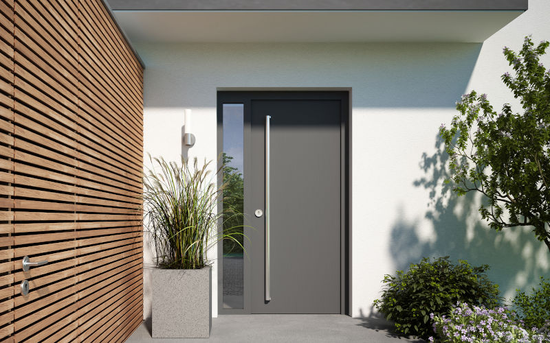 Modern entrance door with canopy illustrating an energy-efficient front door upgrade designed to improve comfort and reduce drafts in Ontario homes.
