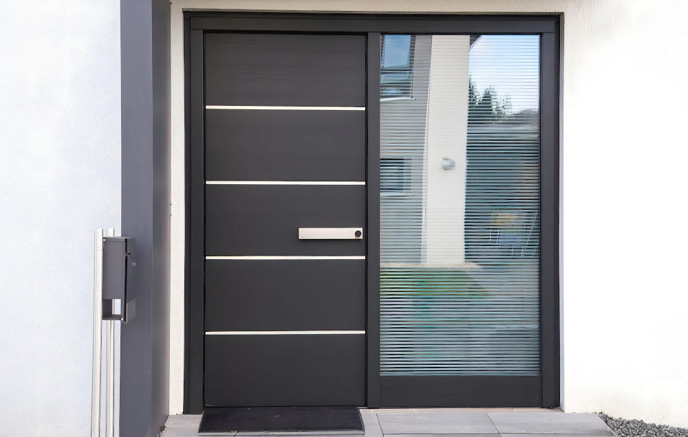 Modern steel front door illustrating protective finishes and maintenance practices that help prevent rust and weather damage in Canada.