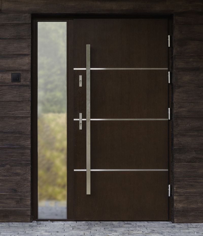 Contemporary brown front door with clean lines and modern hardware on residential façade