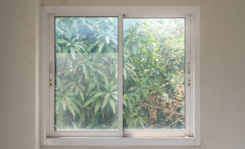 A sliding window moving horizontally along a track in a residential home.