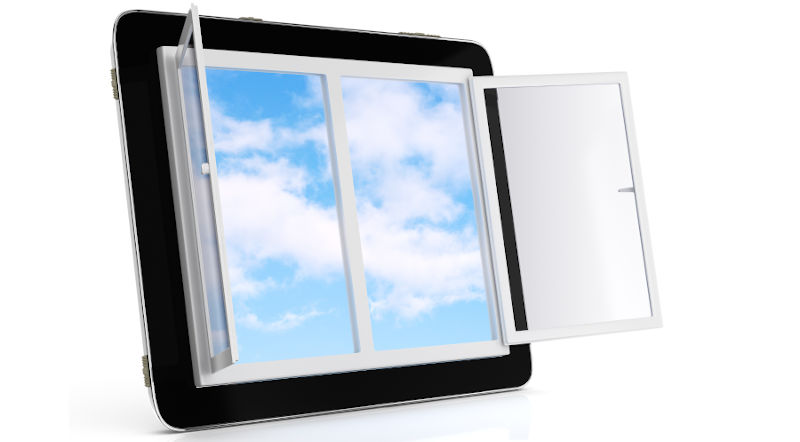 Tablet displaying product research during the online window-buying process.