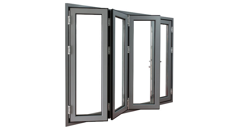 Bifold patio glass doors fully opened to connect the interior living space with the outdoor patio.