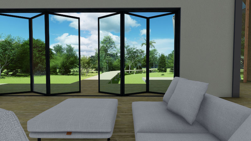 Modern home with folding patio glass doors providing natural light and outdoor access.