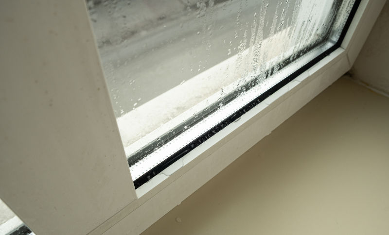 Water streaks and condensation on window glass, illustrating moisture movement through a window frame