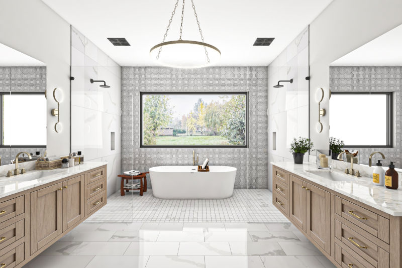 Large picture window in a walk-in shower bringing natural light and outdoor views into the bathroom