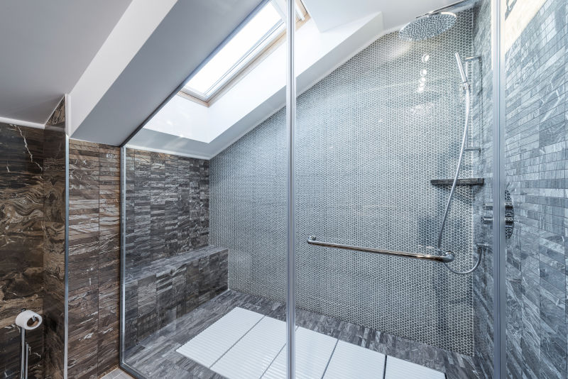 Skylight above a walk-in shower providing natural daylight while maintaining complete privacy